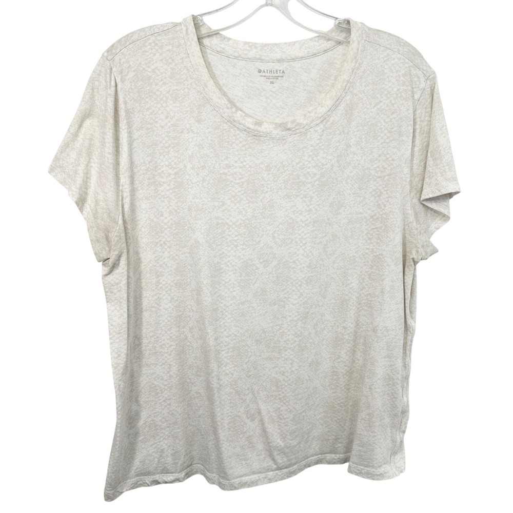 Athleta XL Top Short Sleeve Cotton Snakeskin White Cream Boxy Layering Base 593